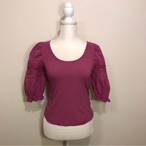 Free People Mauve Knit Puff Sleeve Ribbed Top Size Medium